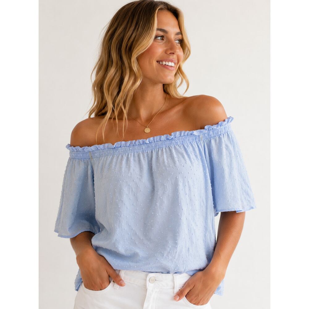 H&M Baby Blue Swiss Dot Off Shoulder Peasant Blouse Bell Sleeve Top US 10
